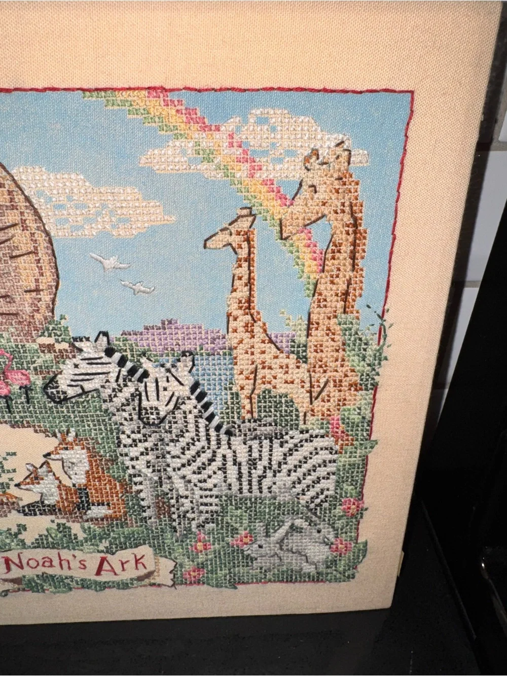 Noah's Ark Cross Stitch Wall Art - Cream Background with Multicolor Animals